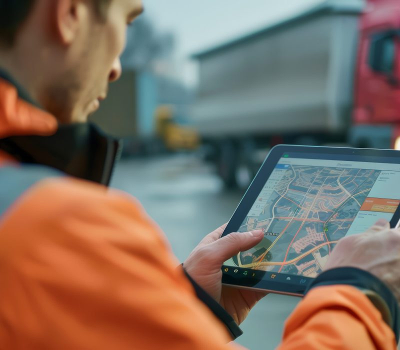 A dispatcher using a tablet to track the location of vehicles in a logistics fleet